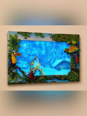Vintage Large 3D Toucan & Parrot Lighted Snowfall Wall Decor Collector Piece